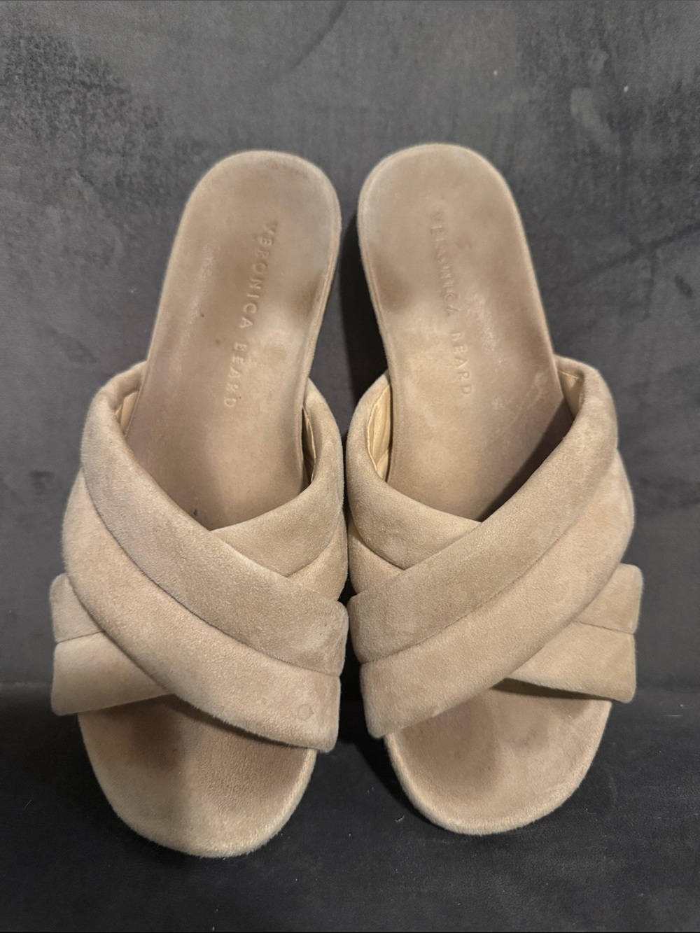 VERONICA BEARD Tan Suede Crossband Slide Sandals